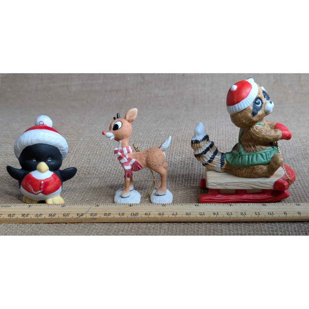 Vintage Enesco Christmas Figurines Set Penguin Rudolph Raccoon Ceramic 1985